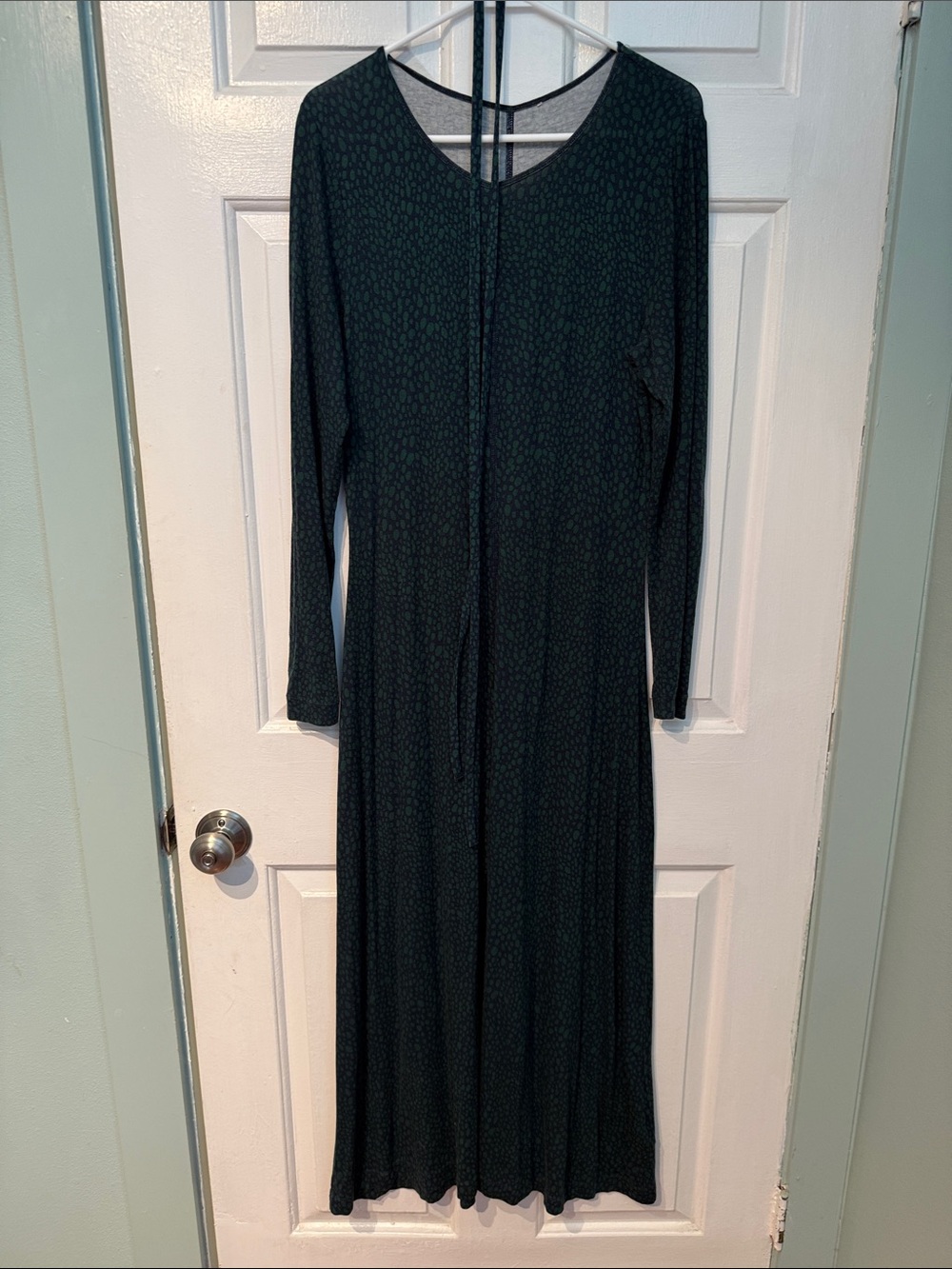 Boden Long Sleeve Black Maxi Dress with Subtle Green and Navy Animal Pattern (8L